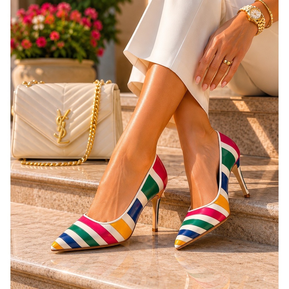 Garolini‎ Vintage Italian Leather Striped Multicolor Pointed Toe Pumps Mens 7M